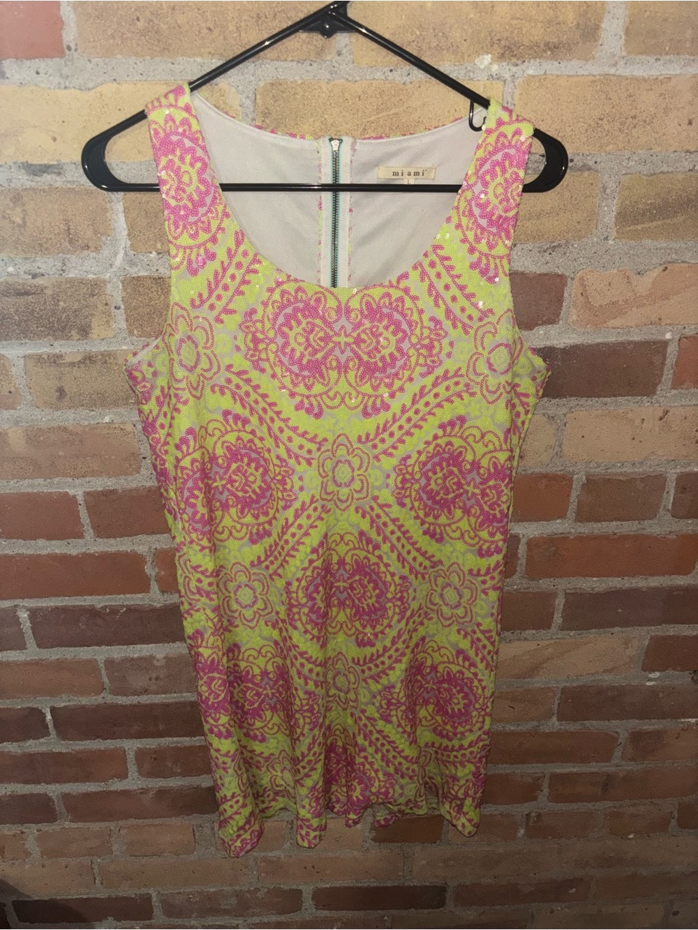 Mi Ami Neon Yellow & Pink Patterned Sequin Dress
